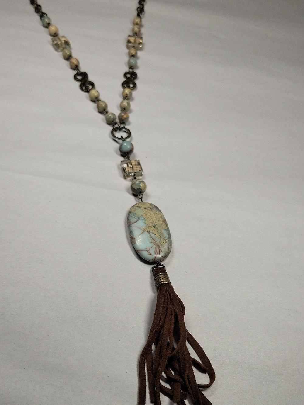 Carol Su Boho Blue Cream and Brown Oval Stone Tassel Necklace - Picture 11 of 15